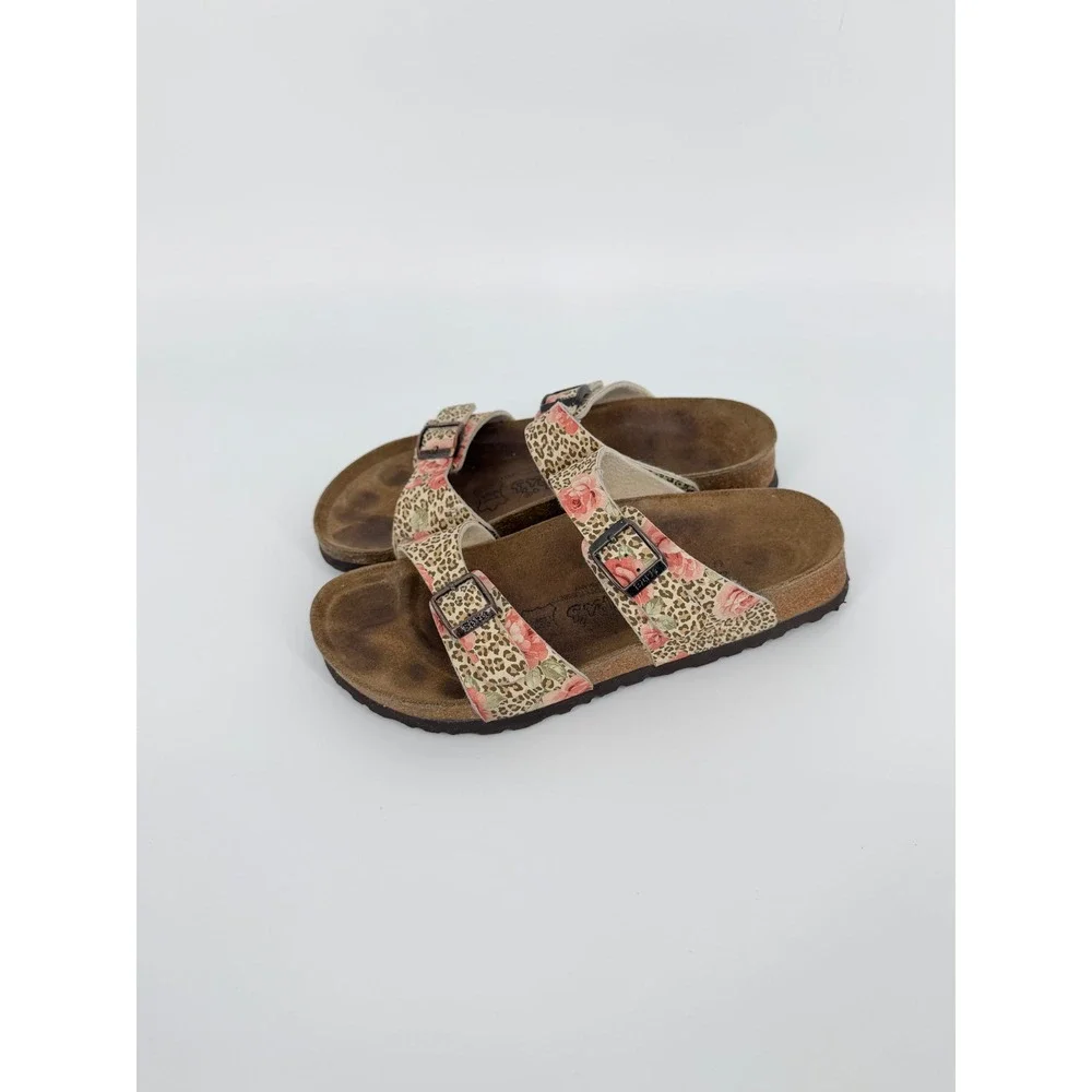Birkis Birkenstock Floral Leopard Print Slide Sandals Brown Pink Tan 38 L7 M5